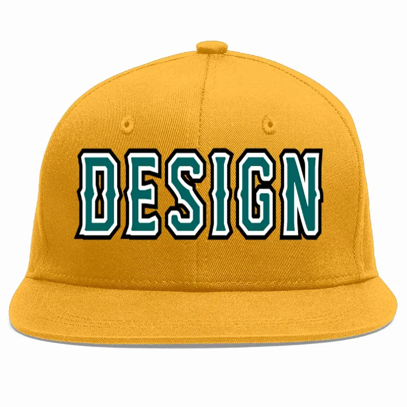 Baseball Cap With Custom Logo-Custom Gold Aqua-White Flat Eaves Sport Baseball Cap Design for Men/Women/Youth