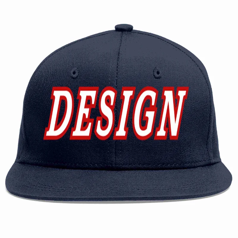 Baseball Cap For Sun Protection-Custom Navy White-Red Flat Eaves Sport Baseball Cap Design for Men/Women/Youth