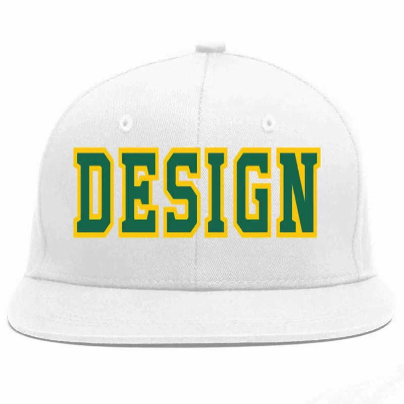 Custom Baseball Cap For Business-Custom White Kelly Green-Gold Flat Eaves Sport Baseball Cap Design for Men/Women/Youth