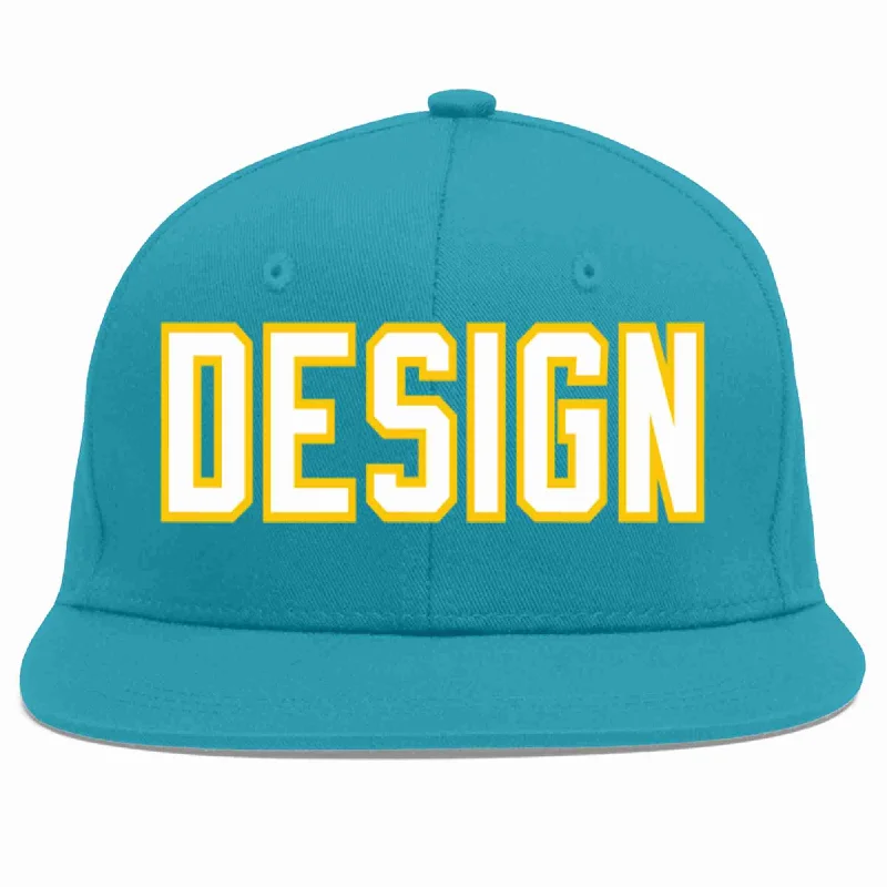 Custom Baseball Cap For Advertising-Custom Aqua White-Gold Flat Eaves Sport Baseball Cap Design for Men/Women/Youth