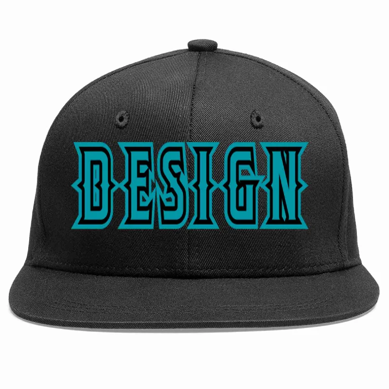 Personalized Baseball Cap-Custom Black Aqua-Black Flat Eaves Sport Baseball Cap Design for Men/Women/Youth