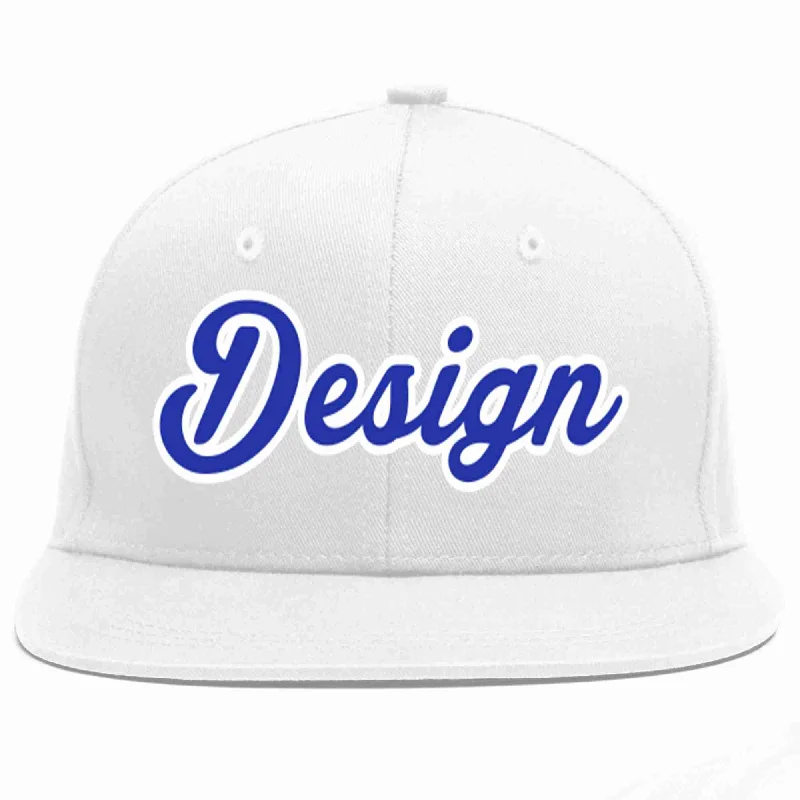 Baseball Cap With Embroidered Text-Custom White Royal-White Flat Eaves Sport Baseball Cap Design for Men/Women/Youth