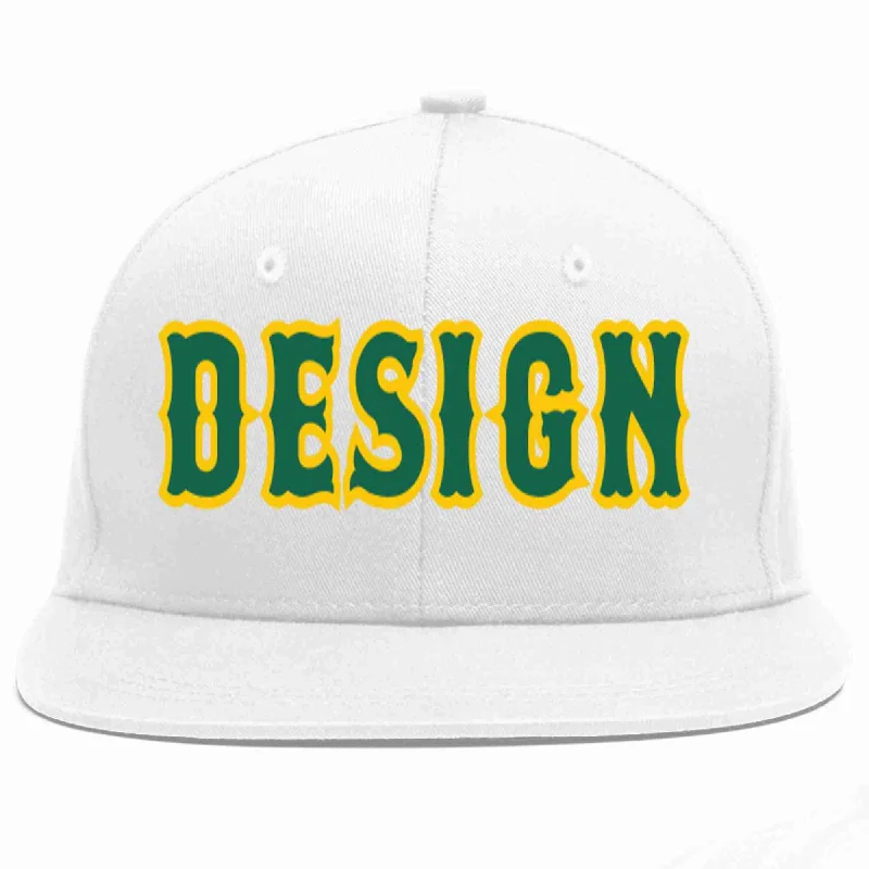 Baseball Cap For Trendy Styles-Custom White Kelly Green-Gold Flat Eaves Sport Baseball Cap Design for Men/Women/Youth