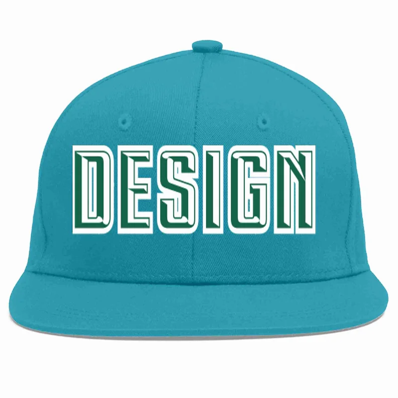 Baseball Cap With Custom Design-Custom Aqua Kelly Green-White Flat Eaves Sport Baseball Cap Design for Men/Women/Youth