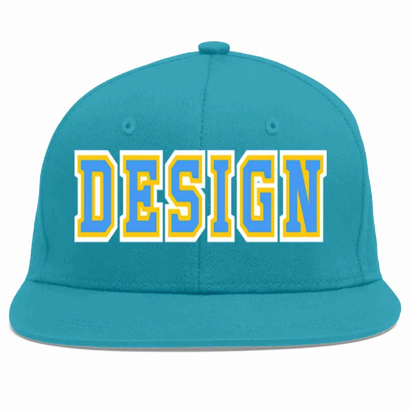 Baseball Cap For Beach Wear-Custom Aqua Powder Blue-Gold Flat Eaves Sport Baseball Cap Design for Men/Women/Youth