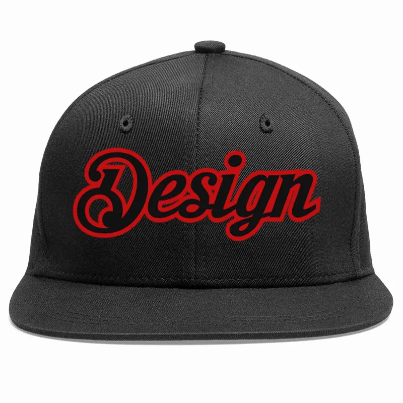 Baseball Cap For High School Teams-Custom Black Black-Red Flat Eaves Sport Baseball Cap Design for Men/Women/Youth