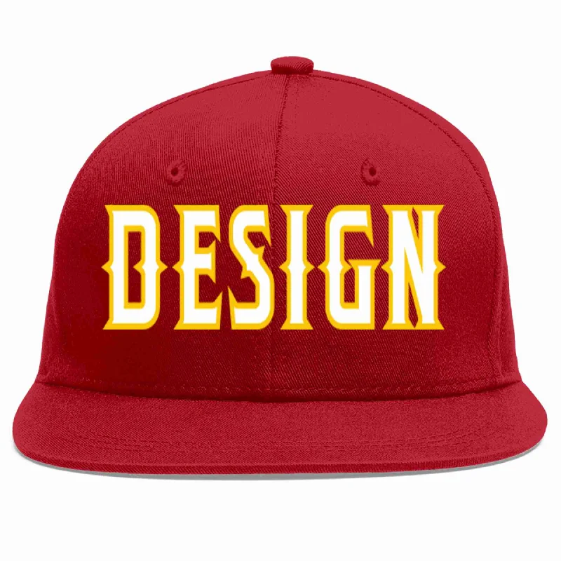 Baseball Cap For Custom Events-Custom Red White-Gold Flat Eaves Sport Baseball Cap Design for Men/Women/Youth