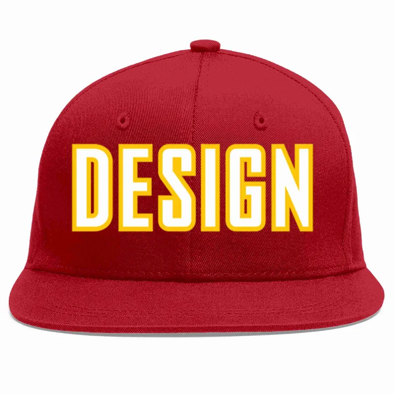 Baseball Cap For Custom Fan Gear-Custom Red White-Gold Flat Eaves Sport Baseball Cap Design for Men/Women/Youth