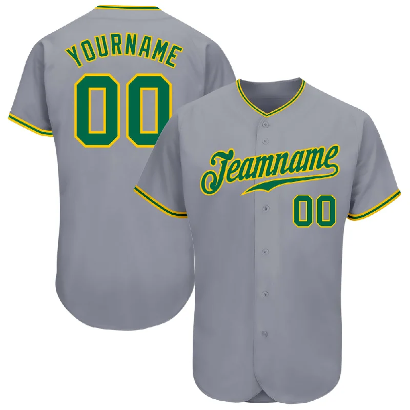 Baseball Jersey With Embroidered Graphics-Custom Gray Kelly Green-Gold Authentic Baseball Jersey