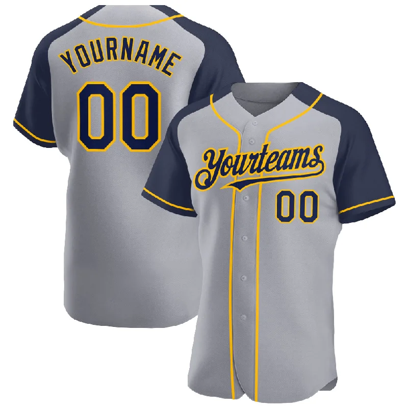 Baseball Jersey With Premium Quality Fabric-Custom Gray Navy-Gold Authentic Raglan Sleeves Baseball Jersey