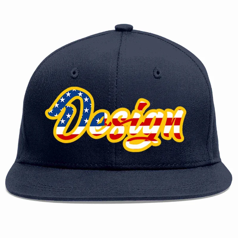 Baseball Cap For Sponsorship Branding-Custom Navy Vintage USA Flag-Gold Flat Eaves Sport Baseball Cap Design for Men/Women/Youth