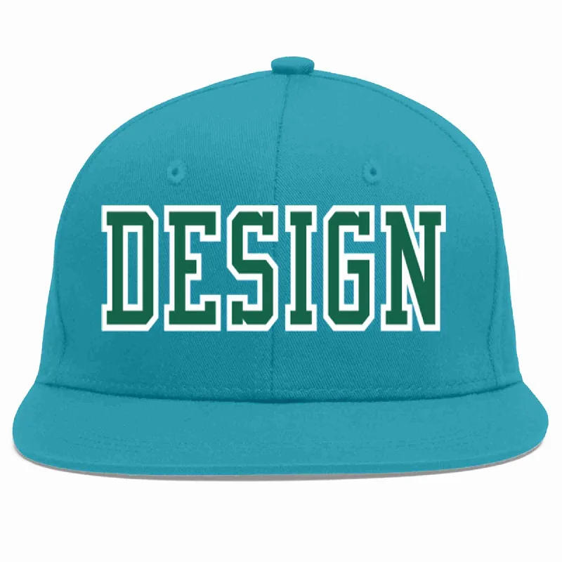 Personalized Embroidered Baseball Cap-Custom Aqua Kelly Green-White Flat Eaves Sport Baseball Cap Design for Men/Women/Youth