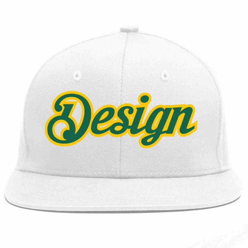 Baseball Cap For Fishing-Custom White Kelly Green-Gold Flat Eaves Sport Baseball Cap Design for Men/Women/Youth