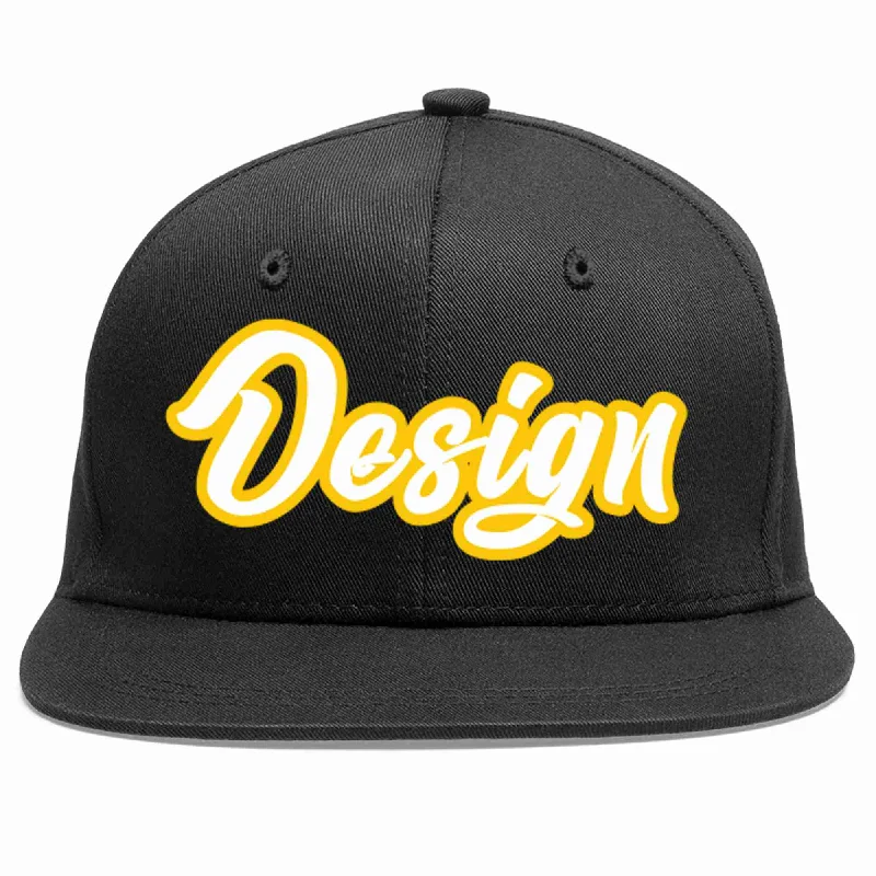 Baseball Cap For Winter-Custom Black White-Gold Flat Eaves Sport Baseball Cap Design for Men/Women/Youth