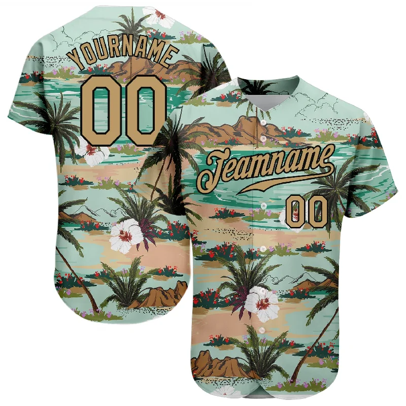 Baseball Jersey For Local Teams-Custom Aqua Old Gold-Black 3D Pattern Design Hawaii Palm Trees And Flowers Authentic Baseball Jersey