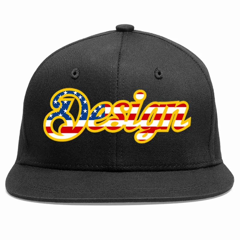 Baseball Cap With Vintage Design-Custom Black Vintage?USA?Flag-Gold Flat Eaves Sport Baseball Cap Design for Men/Women/Youth