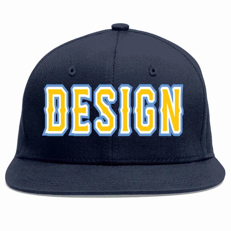 Baseball Cap For Holiday Gifts-Custom Navy Gold-White Flat Eaves Sport Baseball Cap Design for Men/Women/Youth