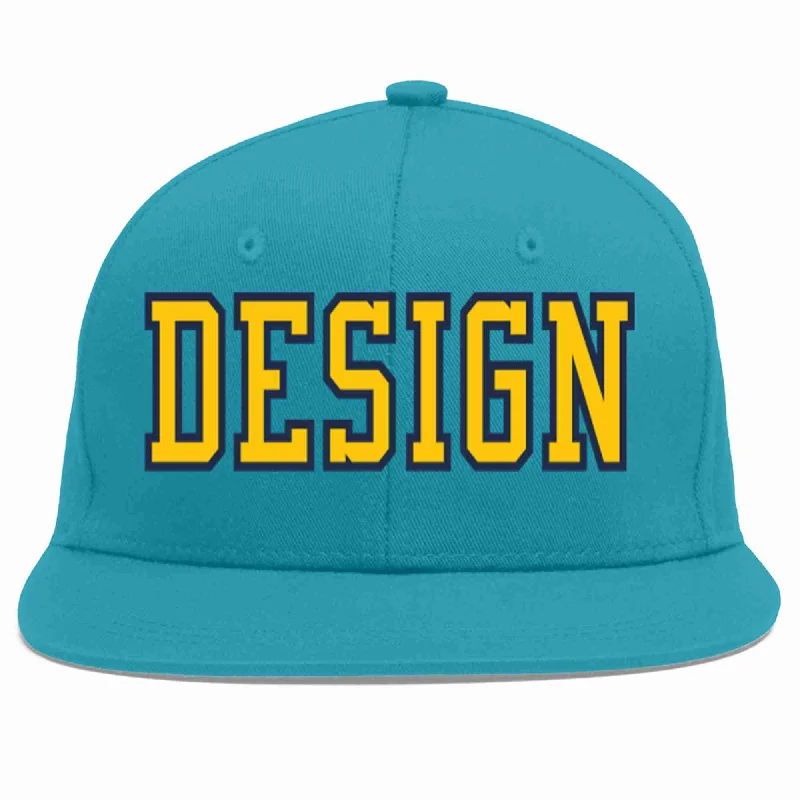 Baseball Cap For Professional Teams-Custom Aqua Gold-Navy Flat Eaves Sport Baseball Cap Design for Men/Women/Youth