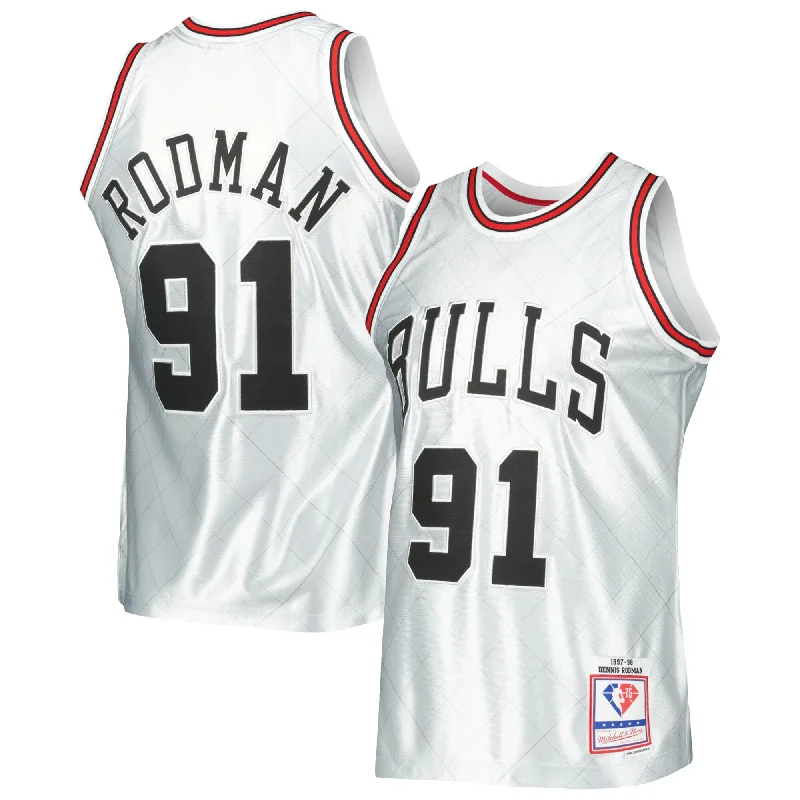 Basketball Jersey With Bold Designs-Dennis Rodman Chicago Bulls 1997/98 Hardwood Classics 75th Anniversary Swingman Basketball Jersey - Platinum