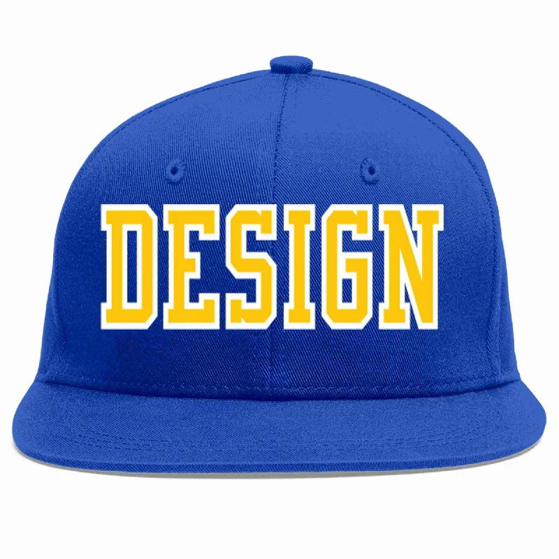 Baseball Cap For Charitable Events-Custom Royal Gold-White Flat Eaves Sport Baseball Cap Design for Men/Women/Youth