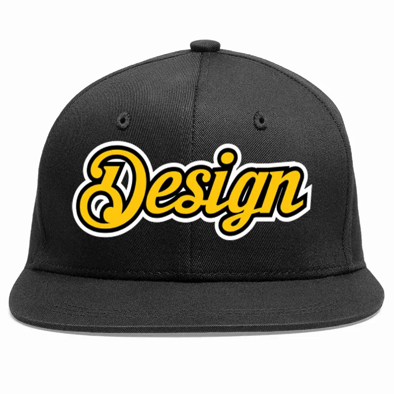 Baseball Cap For Bulk Orders-Custom Black Gold-Black Flat Eaves Sport Baseball Cap Design for Men/Women/Youth