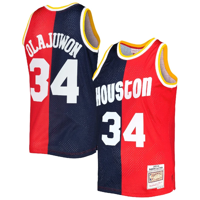 Personalized Basketball Jersey For Birthdays-Hakeem Olajuwon Houston Rockets Hardwood Classics 1993/94 Split Swingman Basketball Jersey - Navy/red