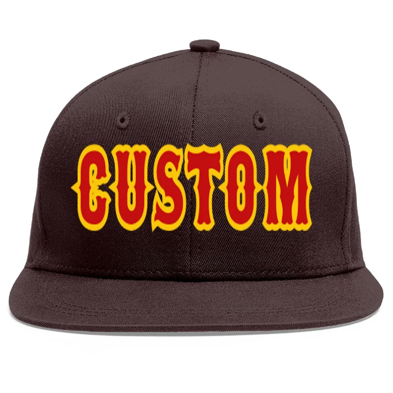 Baseball Cap For Sports Fans-Custom Brown Red-Yellow Flat Eaves Sport Baseball Cap