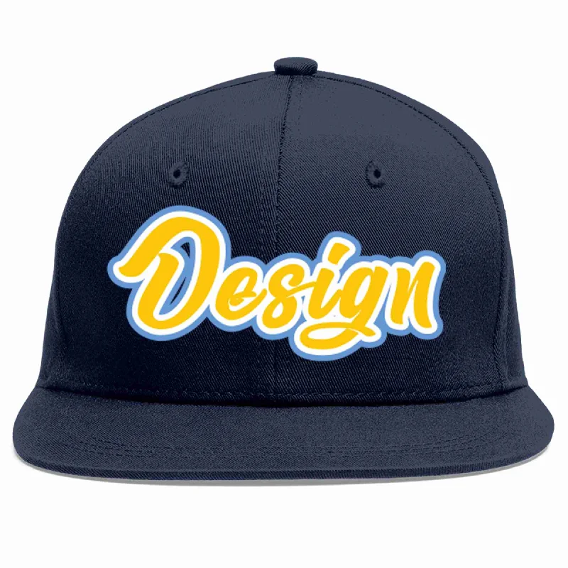 Snapback Baseball Cap-Custom Navy Gold-White Flat Eaves Sport Baseball Cap Design for Men/Women/Youth