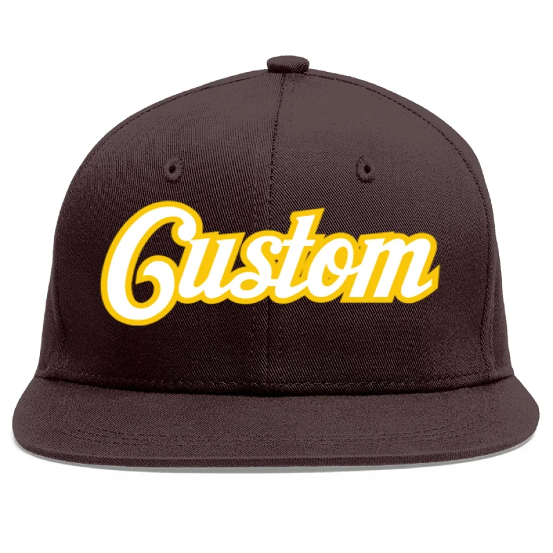 Baseball Cap For Employee Recognition-Custom Brown White-Gold Flat Eaves Sport Baseball Cap