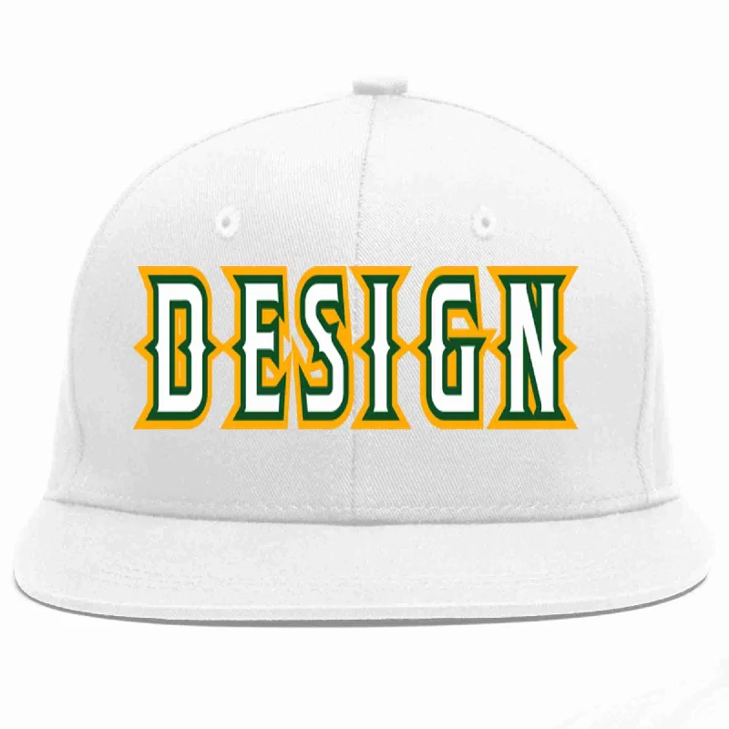 Baseball Cap For Schools-Custom White White-Kelly Green Flat Eaves Sport Baseball Cap Design for Men/Women/Youth