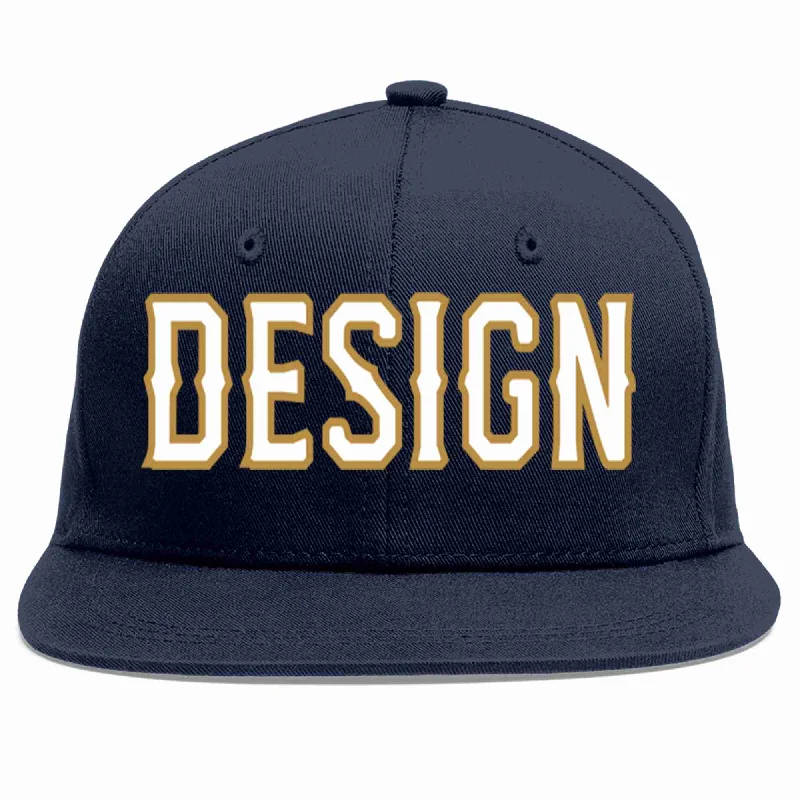 Baseball Cap For Team Gifts-Custom Navy White-Old Gold Flat Eaves Sport Baseball Cap Design for Men/Women/Youth