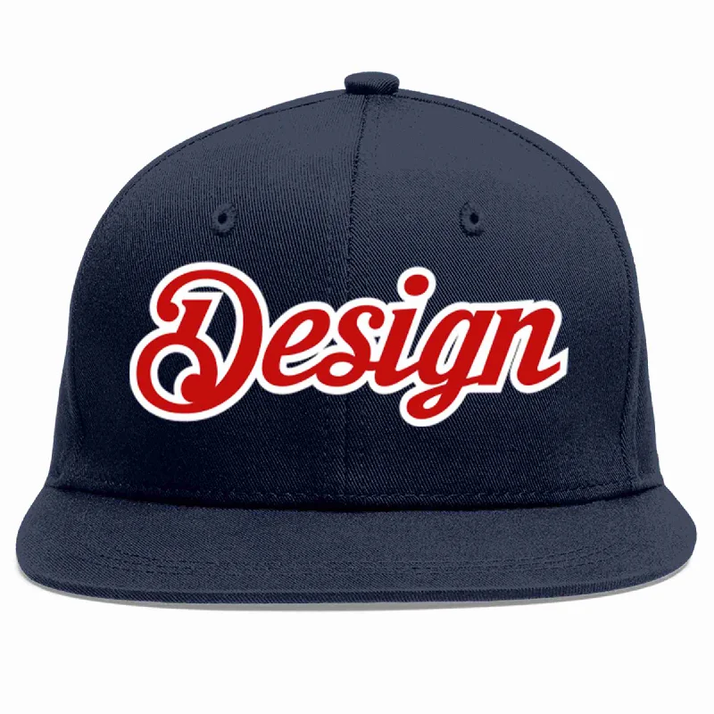 Baseball Cap For Custom Gear Orders-Custom Navy Red-White Flat Eaves Sport Baseball Cap Design for Men/Women/Youth