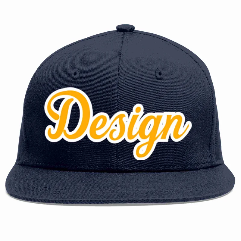 Baseball Cap For Everyday Fashion-Custom Navy Yellow-White Flat Eaves Sport Baseball Cap Design for Men/Women/Youth