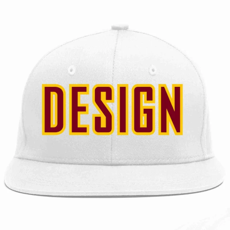 Baseball Cap For Sale-Custom White Crimson-Gold Flat Eaves Sport Baseball Cap Design for Men/Women/Youth