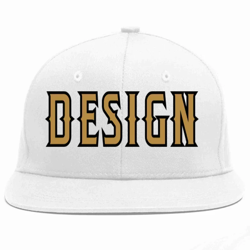 Baseball Cap For Fundraising Events-Custom White Old Gold-Black Flat Eaves Sport Baseball Cap Design for Men/Women/Youth