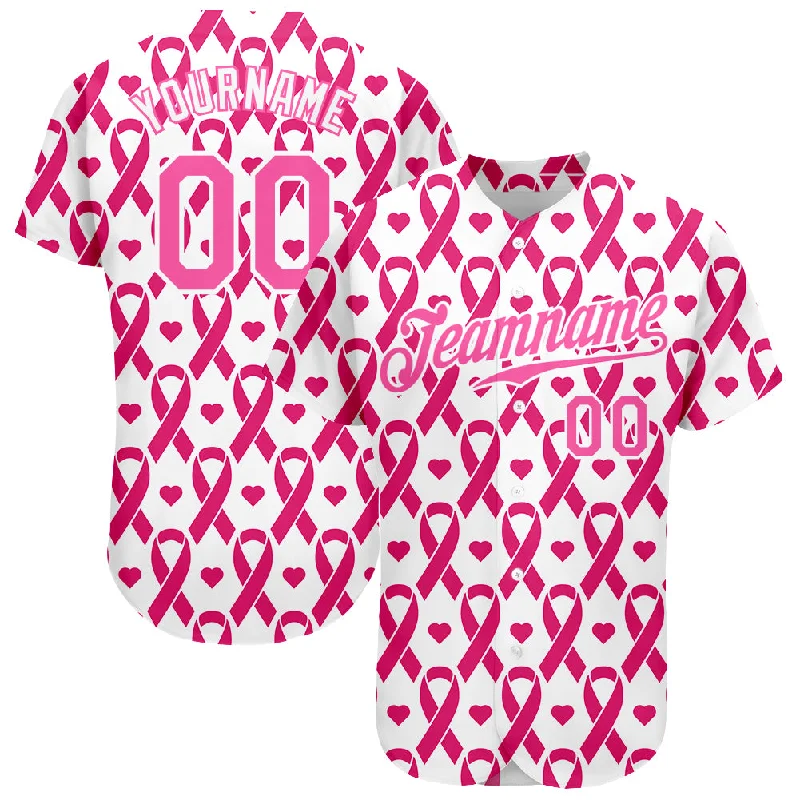 Baseball Jersey With Team Graphics-Custom Pink Pink-White 3D Pattern Design Breast Cancer Authentic Baseball Jersey