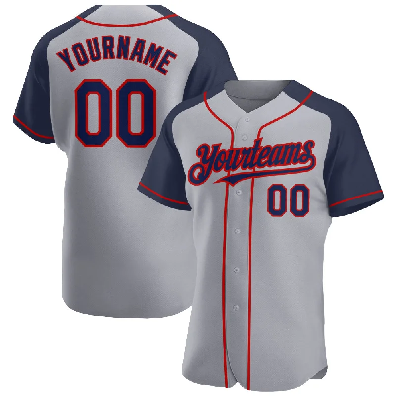 Baseball Jersey For Custom Team Uniforms-Custom Gray Navy-Red Authentic Raglan Sleeves Baseball Jersey