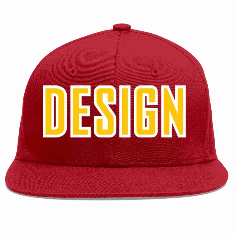 Baseball Cap For Casual Fashion-Custom Red Gold-White Flat Eaves Sport Baseball Cap Design for Men/Women/Youth