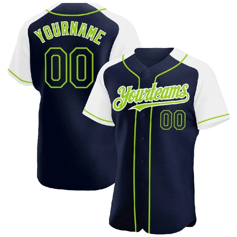 Baseball Jersey For Alumni Apparel-Custom Navy White-Neon Green Authentic Raglan Sleeves Baseball Jersey