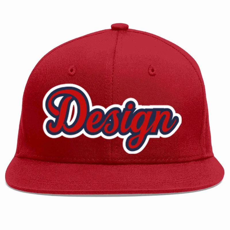 Baseball Cap With Team Sponsorship-Custom Red Red-Navy Flat Eaves Sport Baseball Cap Design for Men/Women/Youth