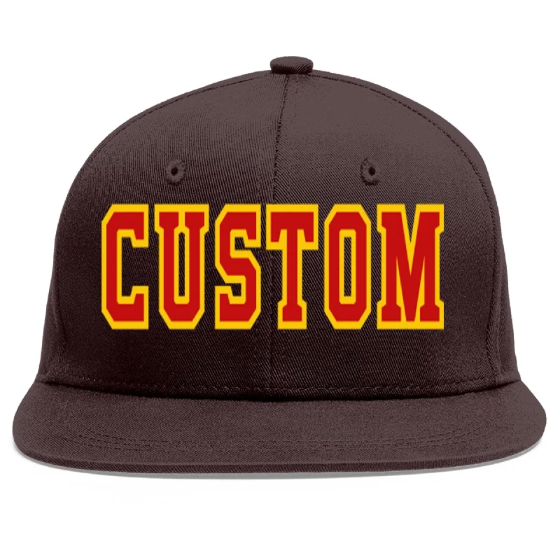 Baseball Cap With Custom Fabric-Custom Brown Red-Yellow Flat Eaves Sport Baseball Cap