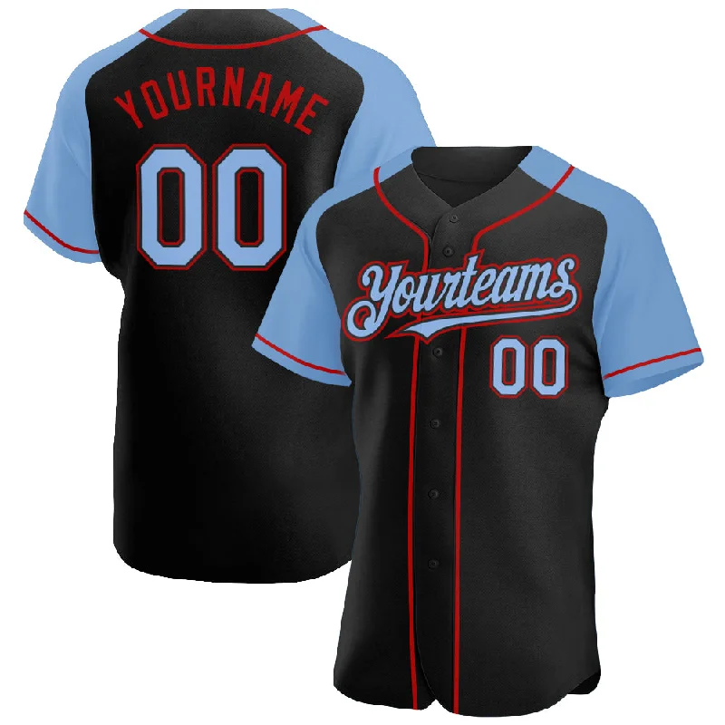 Baseball Jersey For College Teams-Custom Black Light Blue-Red Authentic Raglan Sleeves Baseball Jersey