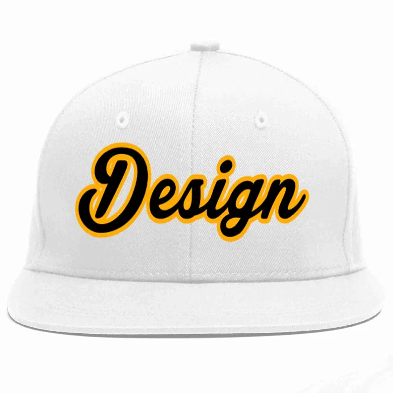 Baseball Cap With Custom Art Prints-Custom White Black-Yellow Flat Eaves Sport Baseball Cap Design for Men/Women/Youth