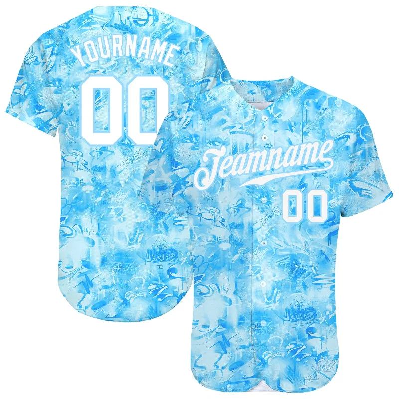 Baseball Jersey With Sleeveless Style-Custom Scratch Graffiti Pattern White-Light Blue 3D Authentic Baseball Jersey