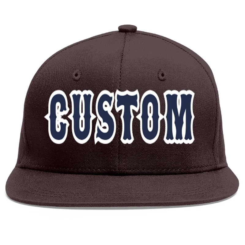 Baseball Cap For Soccer Fans-Custom Brown Navy-White Flat Eaves Sport Baseball Cap