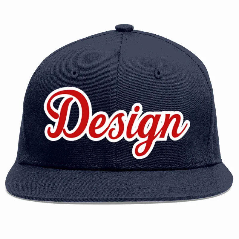 Baseball Cap For Seasonal Styles-Custom Navy Red-White Flat Eaves Sport Baseball Cap Design for Men/Women/Youth