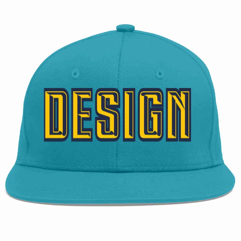 Custom Baseball Cap For Holidays-Custom Aqua Gold-Navy Flat Eaves Sport Baseball Cap Design for Men/Women/Youth