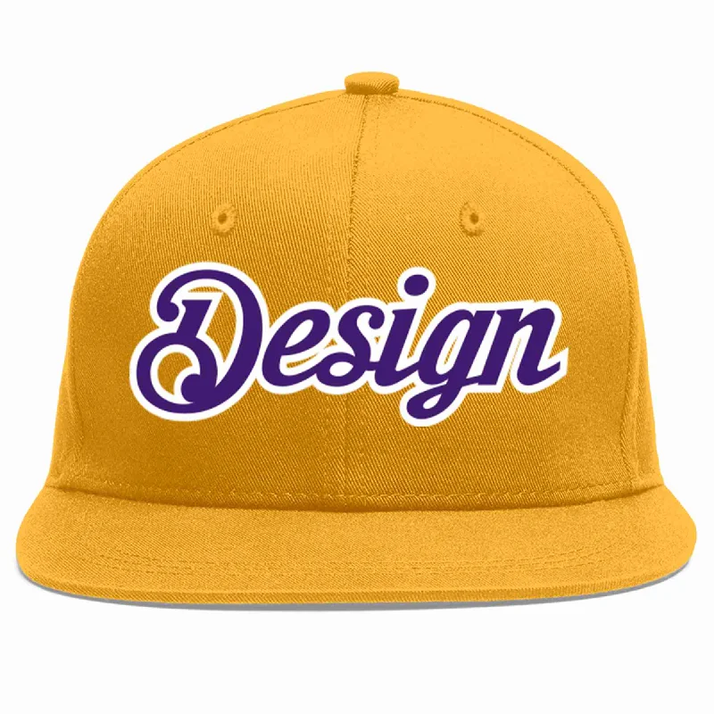 Baseball Cap With Company Branding-Custom Gold purple-White Flat Eaves Sport Baseball Cap Design for Men/Women/Youth