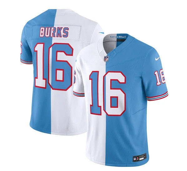 Football Jersey With Embroidered Team Logo-Men's Tennessee Titans #16 Treylon Burks White/Blue 2023 F.U.S.E. Split Vapor Limited Throwback Football Stitched Jersey