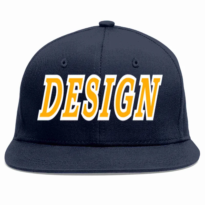 Baseball Cap For Hiking-Custom Navy Yellow-White Flat Eaves Sport Baseball Cap Design for Men/Women/Youth